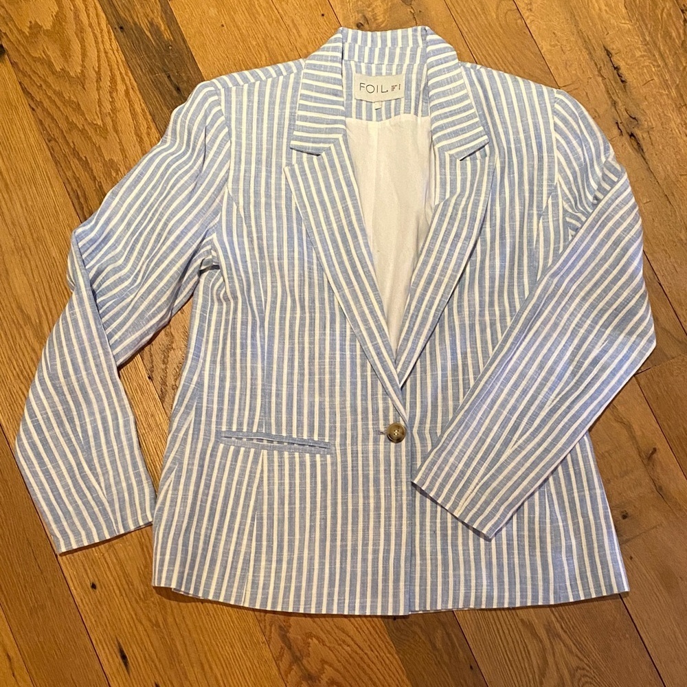 FOIL Linen Blend Single Button Coastal Nautical Striped Blazing Saddles Blazer 4